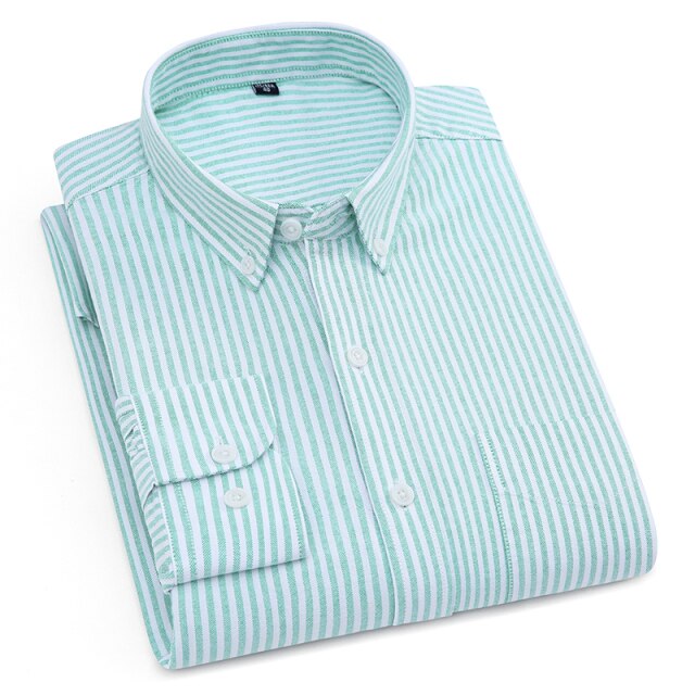 Pure Cotton White Shirts Casual for Men Oxford Long-Sleeved Mens Striped Shirt Leisure Business Formal Chest Pocket New Clothes