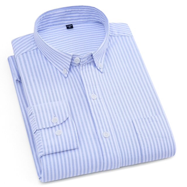 Pure Cotton White Shirts Casual for Men Oxford Long-Sleeved Mens Striped Shirt Leisure Business Formal Chest Pocket New Clothes