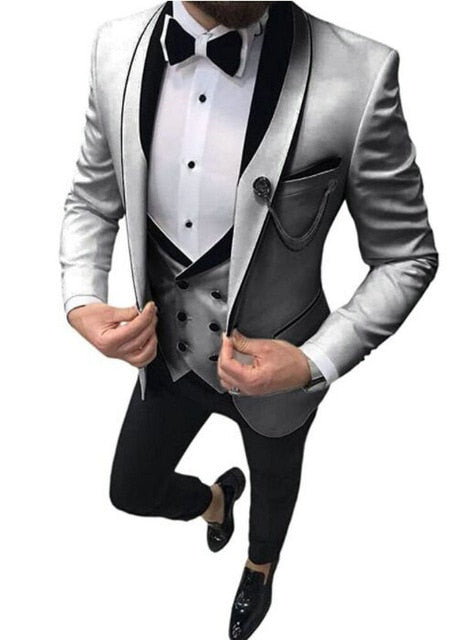 maoxiangshop Men's Suit Fashion Formal Business Slim Fit 3-Pieces White Blazers Burgundy Pant Men's Tuxedo Wedding Men Suits Groom Suit