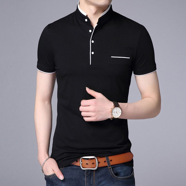 maoxiangshop New Fashion Brand Polo Shirt Men's Summer Mandarin Collar Slim Fit Solid Color Button Breathable Polos Casual Men Clothing