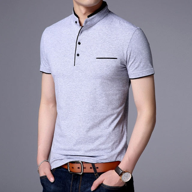 maoxiangshop New Fashion Brand Polo Shirt Men's Summer Mandarin Collar Slim Fit Solid Color Button Breathable Polos Casual Men Clothing