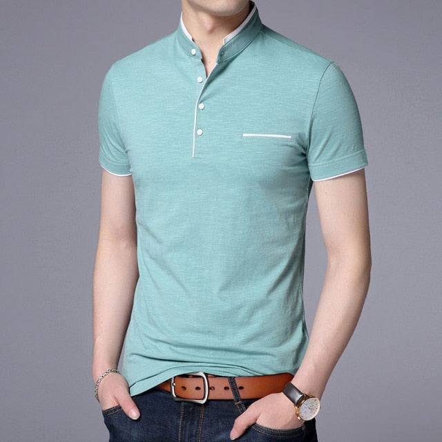 maoxiangshop New Fashion Brand Polo Shirt Men's Summer Mandarin Collar Slim Fit Solid Color Button Breathable Polos Casual Men Clothing