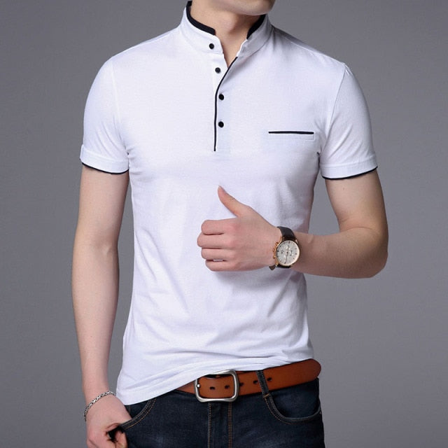 maoxiangshop New Fashion Brand Polo Shirt Men's Summer Mandarin Collar Slim Fit Solid Color Button Breathable Polos Casual Men Clothing