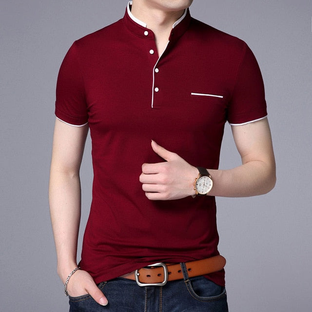 maoxiangshop New Fashion Brand Polo Shirt Men's Summer Mandarin Collar Slim Fit Solid Color Button Breathable Polos Casual Men Clothing