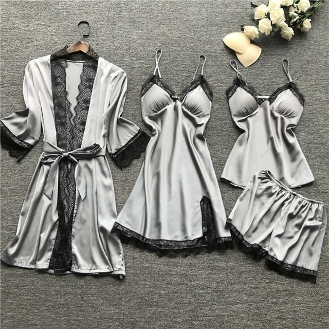 WENYUJH Women Pajamas Set Satin Sleepwear Silk 4 Pieces Nightwear Pyjama Spaghetti Strap Lace Sleep Lounge Pijama With Chest Pad