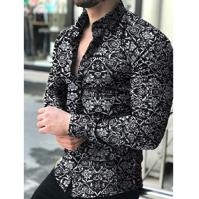 maoxiangshop Fashion Shirts For Men Long Sleeve Floral Print Shirt Autumn Shirts Men Dress Camisa Button Lapels Collar Male Turn Down Collar