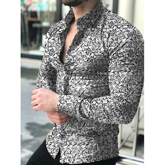 maoxiangshop Fashion Shirts For Men Long Sleeve Floral Print Shirt Autumn Shirts Men Dress Camisa Button Lapels Collar Male Turn Down Collar