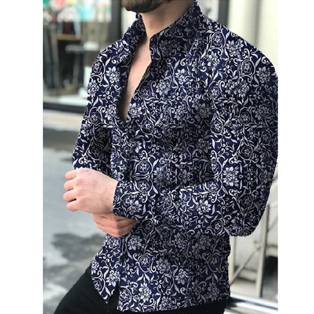 maoxiangshop Fashion Shirts For Men Long Sleeve Floral Print Shirt Autumn Shirts Men Dress Camisa Button Lapels Collar Male Turn Down Collar