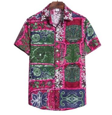 Summer Fashion Casual Men Baggy Beach Hawaiian Print Short Sleeve Button Retro Shirts Tops Blouse Men Shirt Summer New