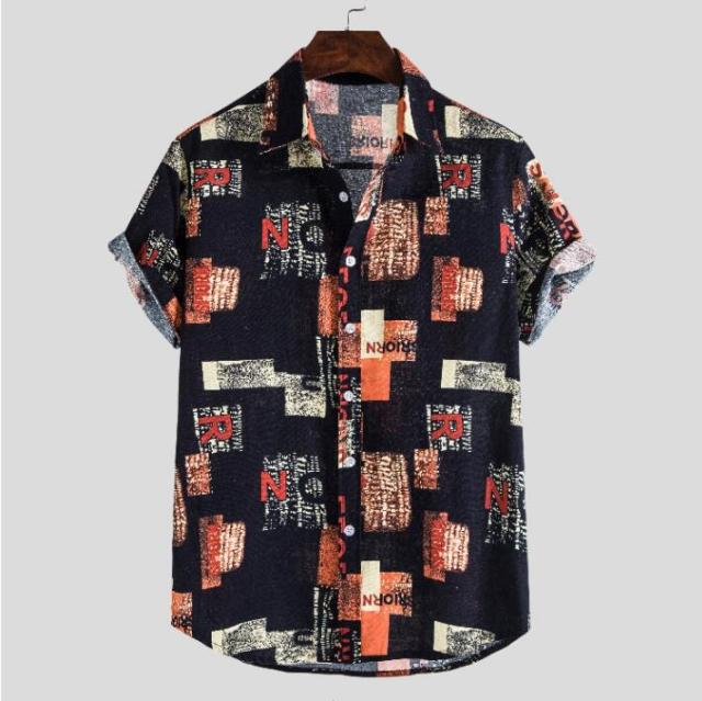 Summer Fashion Casual Men Baggy Beach Hawaiian Print Short Sleeve Button Retro Shirts Tops Blouse Men Shirt Summer New