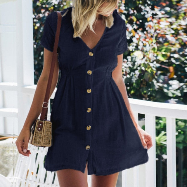 Women's Dress Spring/Summer Pure Color Single Row Buttons V-Neck Dress Women Slim High Waist Casual Dress Vestido