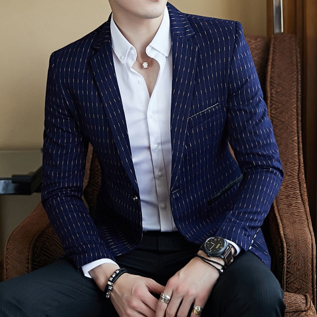 Striped Blazer Mens Slim Fit Blazer Slim Masculino Business Casual Mens Stylish Blazer Spring Autumn Dot Striped Blazers Mens