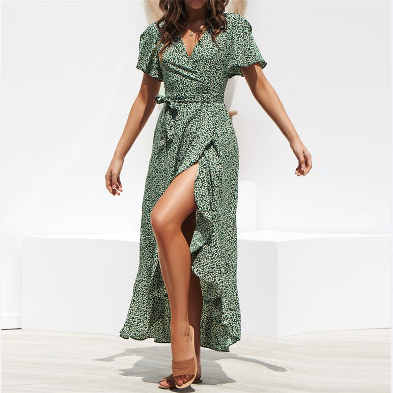 Neehoya Women's Summer beach maxi Dress short sleeve green white floral boho casual sexy party long chiffon wrap dresses