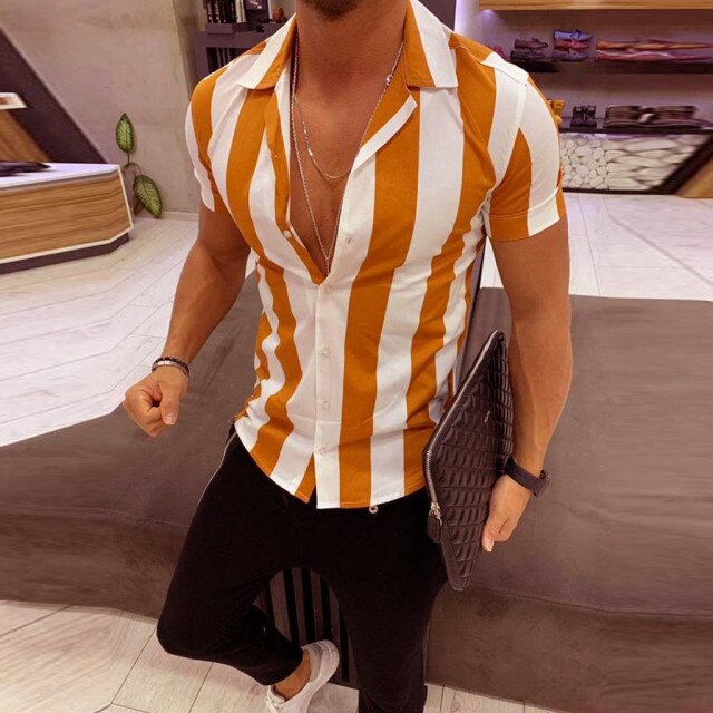 Men's Shirts Summer Striped Short Sleeve Slim Fit Shirts Basic Tops Casual Splicing Colorful Print Mens Plus Size Shirt Blouses