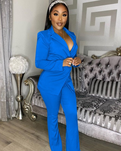 Two Piece Office Wear Women's Suit Coat With Pants Autumn And Winter New Solid Color Long Sleeve V Neck Fashion Casual Suit