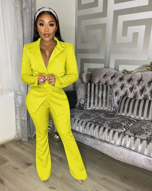 Two Piece Office Wear Women's Suit Coat With Pants Autumn And Winter New Solid Color Long Sleeve V Neck Fashion Casual Suit
