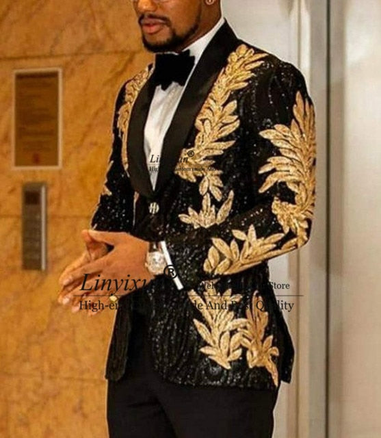 maoxiangshop Slim Fit terno masculino Shiny Sequins Gold Applique Suits Men Prom Tuxedos Grooms Set 2 Pieces(Blazer+Pants) Costume Homme