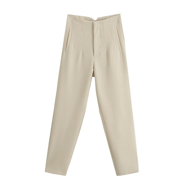 Spring Trouser Suits High Waisted Pants Women Fashion Office Beige Pants Chic Button Zip Elegant Pink Casual Woman Pants