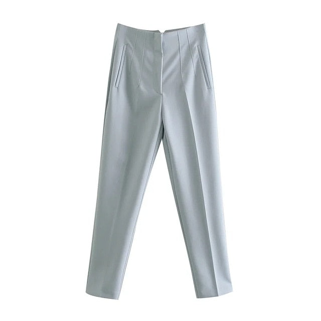 Spring Trouser Suits High Waisted Pants Women Fashion Office Beige Pants Chic Button Zip Elegant Pink Casual Woman Pants