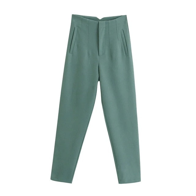 Spring Trouser Suits High Waisted Pants Women Fashion Office Beige Pants Chic Button Zip Elegant Pink Casual Woman Pants