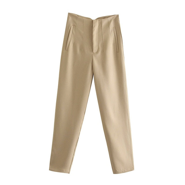 Spring Trouser Suits High Waisted Pants Women Fashion Office Beige Pants Chic Button Zip Elegant Pink Casual Woman Pants