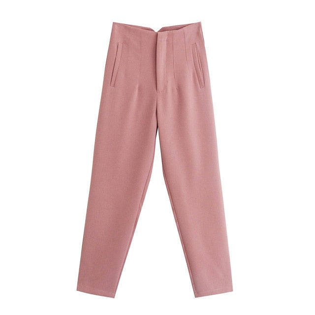 Spring Trouser Suits High Waisted Pants Women Fashion Office Beige Pants Chic Button Zip Elegant Pink Casual Woman Pants