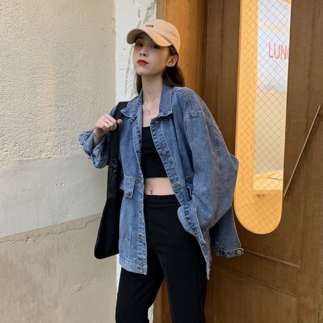 Women's Denim Jacket Korean Style Solid Lapel Long Sleeve Casual Blue Jacket Outwear Autumn Winter Loose Jeans Coats Female