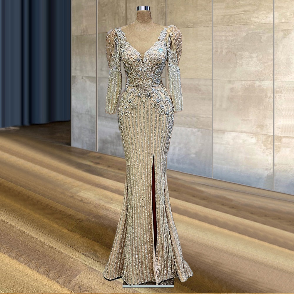 Women Glitter Mermaid long Sleeve Dress שמלות ערב Champagne Silver Evening Gowns Trumpet Dresses For Women Party FOE32703
