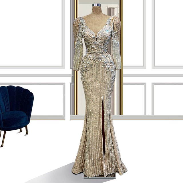 Women Glitter Mermaid long Sleeve Dress שמלות ערב Champagne Silver Evening Gowns Trumpet Dresses For Women Party FOE32703