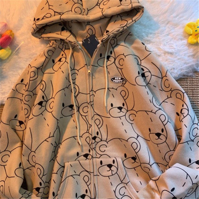 Vintage Long Sleeve Hoodie Sweetshirt Clothes Women Fashion Zip Up Cute Bear Hoodies Autumn Winter Coat Loose Harajuku Top