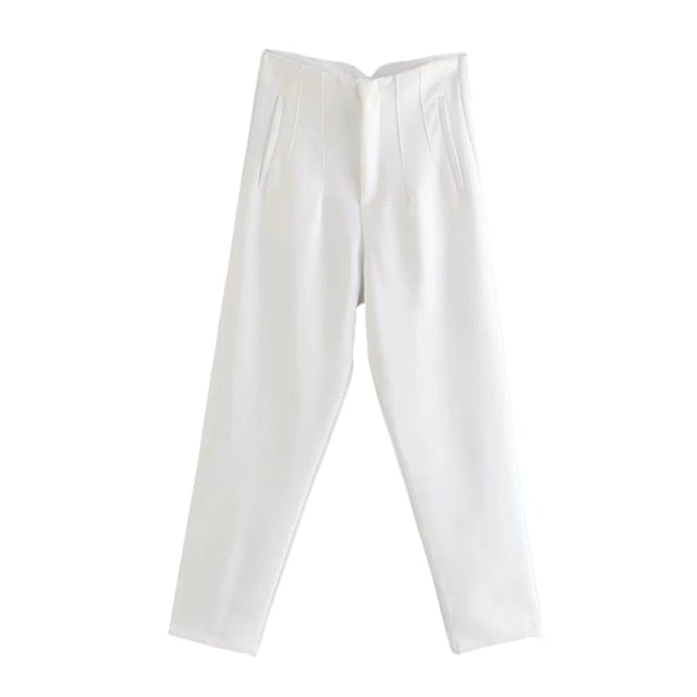 Spring Trouser Suits High Waisted Pants Women Fashion Office Beige Pants Chic Button Zip Elegant Pink Casual Woman Pants