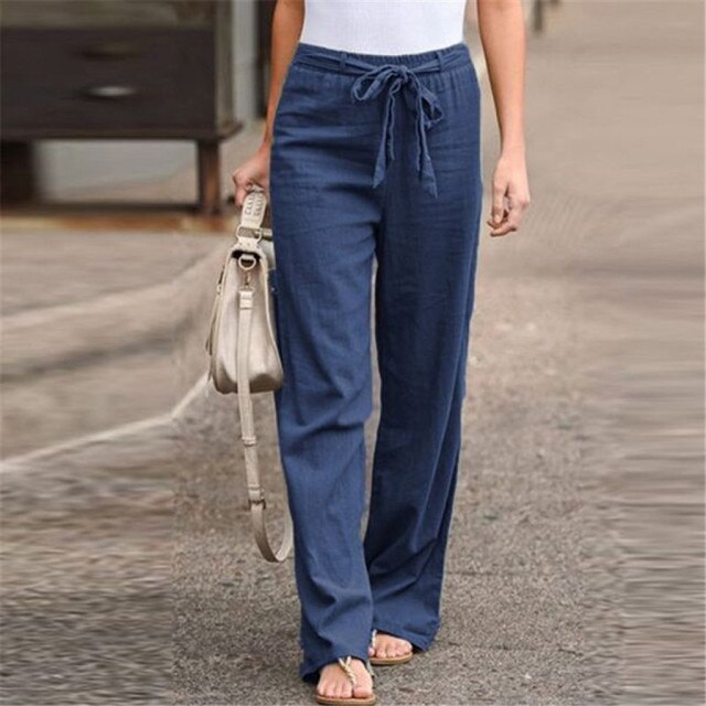 Women Summer Long Trousers Vintage Cotton Linen Solid Color Pants Casual Elastic Waist Party Female Palazzo Plus Size