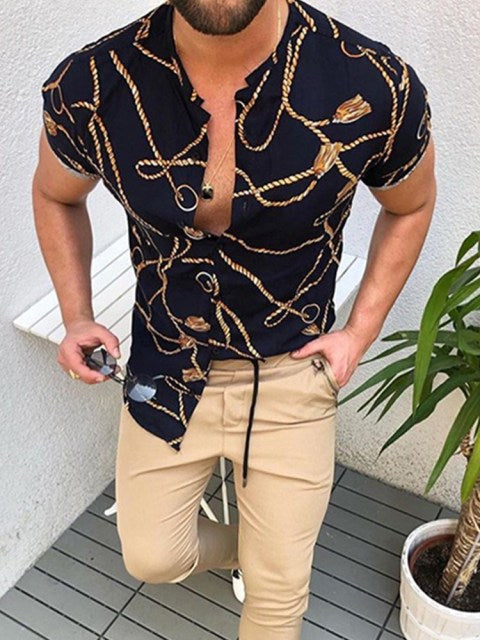 maoxiangshop Men's Summer Shirt Hawaii Style Vintage Printing Long/Short Sleeve Loose Clothes Casual Turn-Down Collar Single Breasted Shirt
