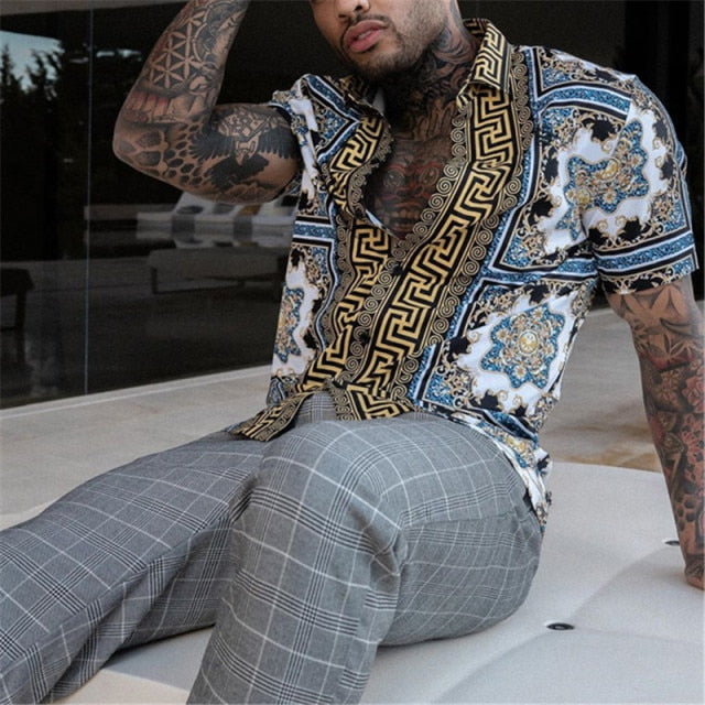 maoxiangshop Men's Summer Shirt Hawaii Style Vintage Printing Long/Short Sleeve Loose Clothes Casual Turn-Down Collar Single Breasted Shirt