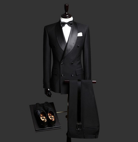 Men Black Double Breasted Wedding Groom Suit With Pants Tuxedo For Men Wedding Suits Prom Best Man Suit (Jacket+Pants+Bow)