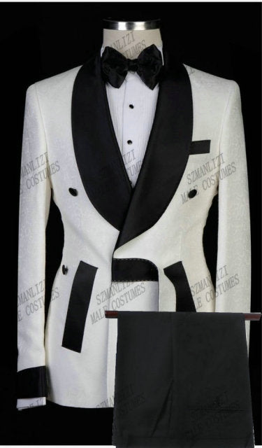 Men Black Double Breasted Wedding Groom Suit With Pants Tuxedo For Men Wedding Suits Prom Best Man Suit (Jacket+Pants+Bow)
