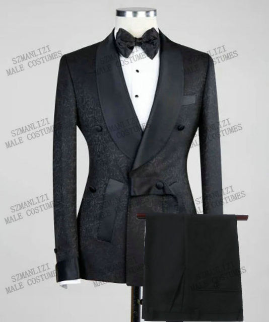 Men Black Double Breasted Wedding Groom Suit With Pants Tuxedo For Men Wedding Suits Prom Best Man Suit (Jacket+Pants+Bow)