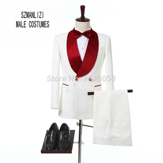 Men Black Double Breasted Wedding Groom Suit With Pants Tuxedo For Men Wedding Suits Prom Best Man Suit (Jacket+Pants+Bow)