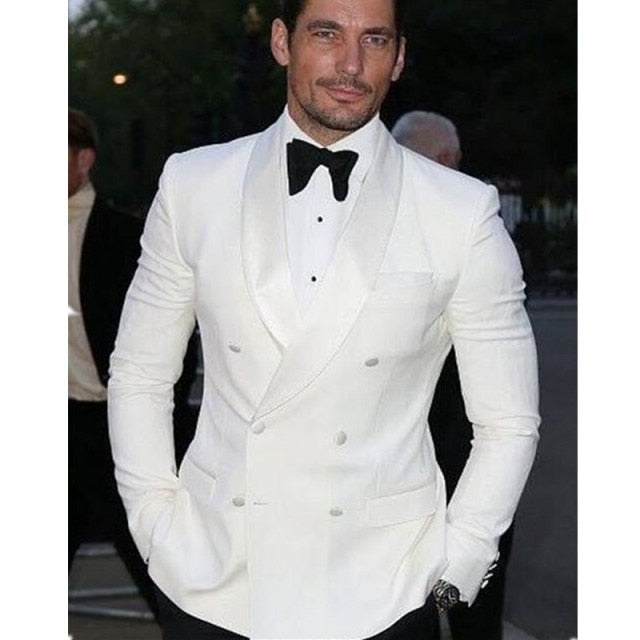 Men Black Double Breasted Wedding Groom Suit With Pants Tuxedo For Men Wedding Suits Prom Best Man Suit (Jacket+Pants+Bow)