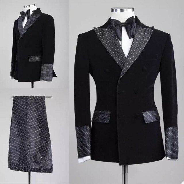 Men Black Double Breasted Wedding Groom Suit With Pants Tuxedo For Men Wedding Suits Prom Best Man Suit (Jacket+Pants+Bow)