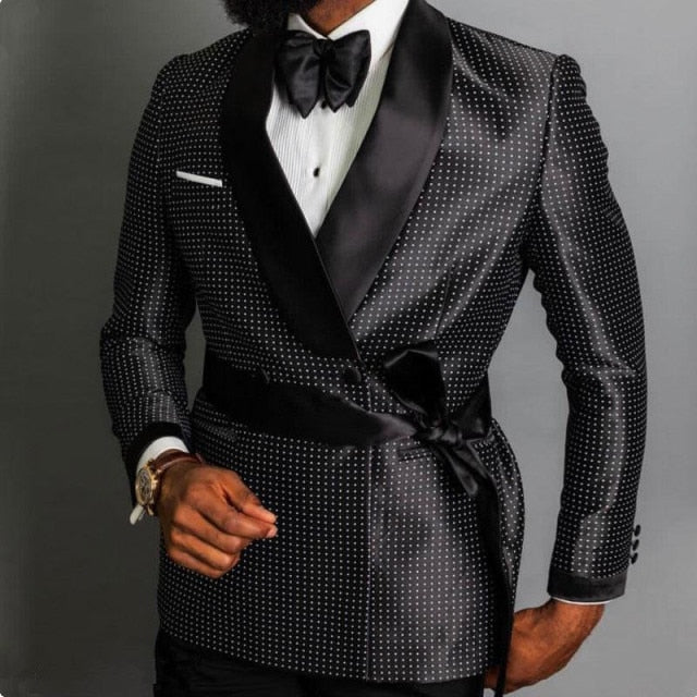 Men Black Double Breasted Wedding Groom Suit With Pants Tuxedo For Men Wedding Suits Prom Best Man Suit (Jacket+Pants+Bow)
