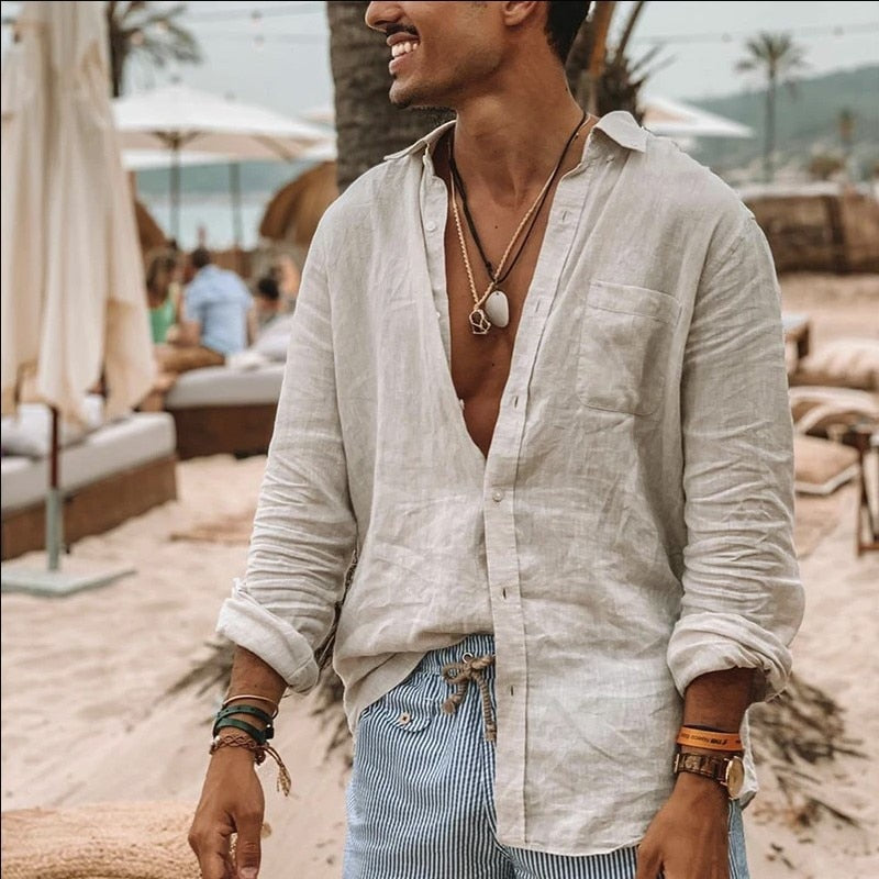 maoxiangshop Summer Cotton And Linen Shirt Men Fashion Solid Long Sleeve Tops Shirts Men's Casual Turn-Down Collar Blusa Stretwears