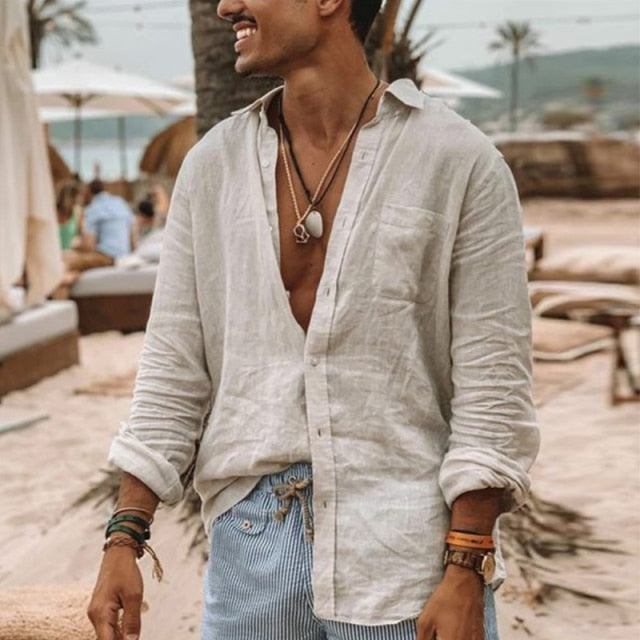 maoxiangshop Summer Cotton And Linen Shirt Men Fashion Solid Long Sleeve Tops Shirts Men's Casual Turn-Down Collar Blusa Stretwears