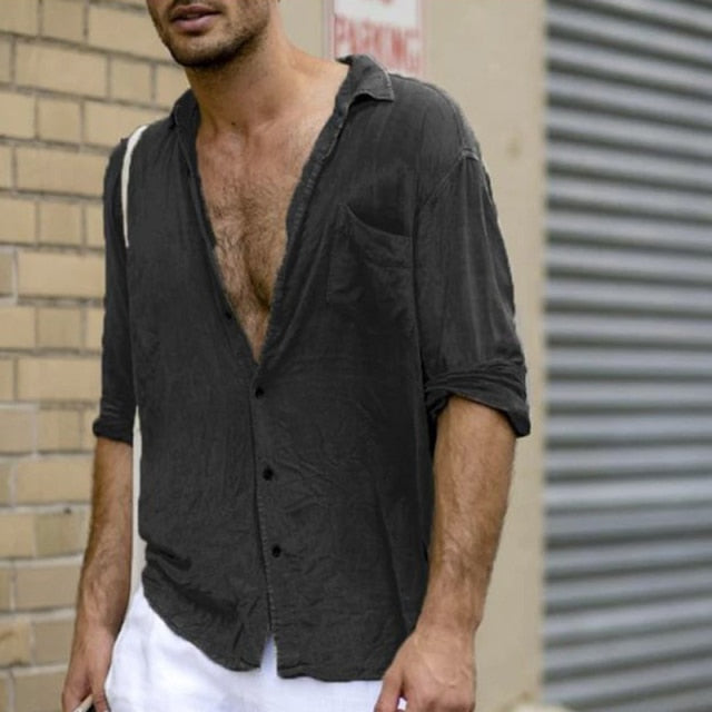 maoxiangshop Summer Cotton And Linen Shirt Men Fashion Solid Long Sleeve Tops Shirts Men's Casual Turn-Down Collar Blusa Stretwears