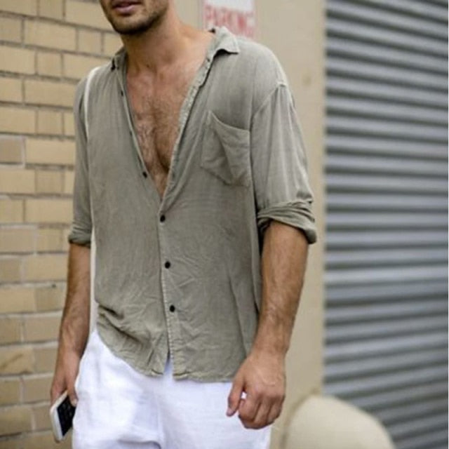 maoxiangshop Summer Cotton And Linen Shirt Men Fashion Solid Long Sleeve Tops Shirts Men's Casual Turn-Down Collar Blusa Stretwears