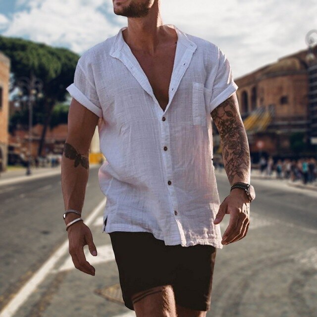 maoxiangshop Summer Cotton And Linen Shirt Men Fashion Solid Long Sleeve Tops Shirts Men's Casual Turn-Down Collar Blusa Stretwears