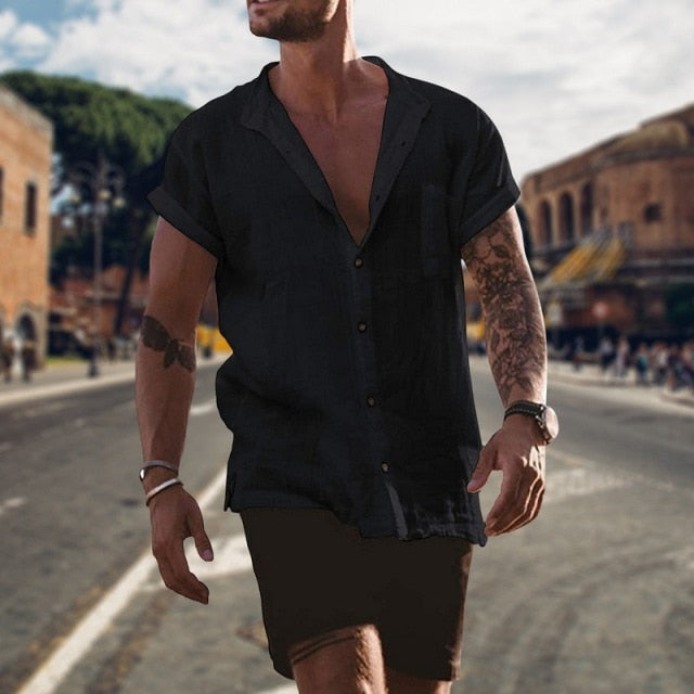 maoxiangshop Summer Cotton And Linen Shirt Men Fashion Solid Long Sleeve Tops Shirts Men's Casual Turn-Down Collar Blusa Stretwears