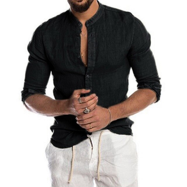 maoxiangshop Summer Cotton And Linen Shirt Men Fashion Solid Long Sleeve Tops Shirts Men's Casual Turn-Down Collar Blusa Stretwears