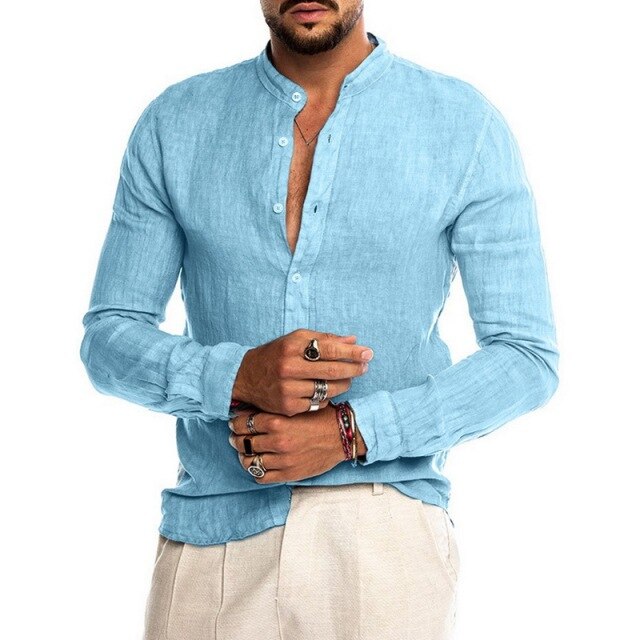 maoxiangshop Summer Cotton And Linen Shirt Men Fashion Solid Long Sleeve Tops Shirts Men's Casual Turn-Down Collar Blusa Stretwears
