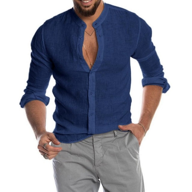 maoxiangshop Summer Cotton And Linen Shirt Men Fashion Solid Long Sleeve Tops Shirts Men's Casual Turn-Down Collar Blusa Stretwears